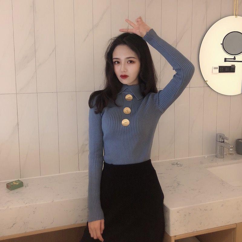 Lapel Knit Sweater Long-sleeved Bottoming Shirt Autumn and Winter Women's Korean Version of The Wild Slim Slimming Inner Style Sweater Women