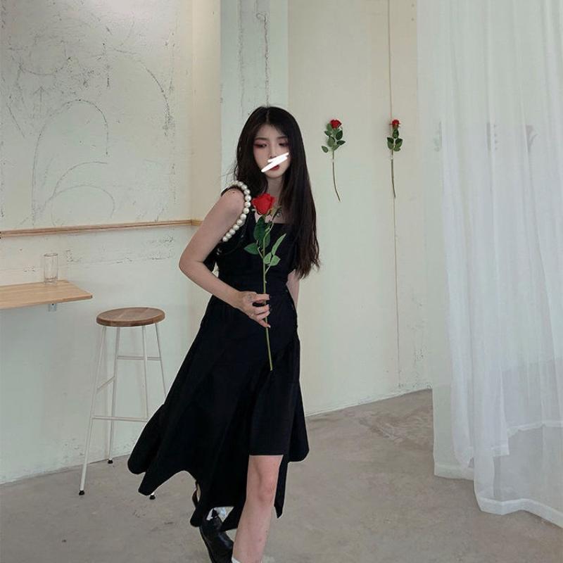 Spring Summer Korean Retro Sexy Sleeveless Sling Dress Black Irregular Dress Female Split Long Skirt
