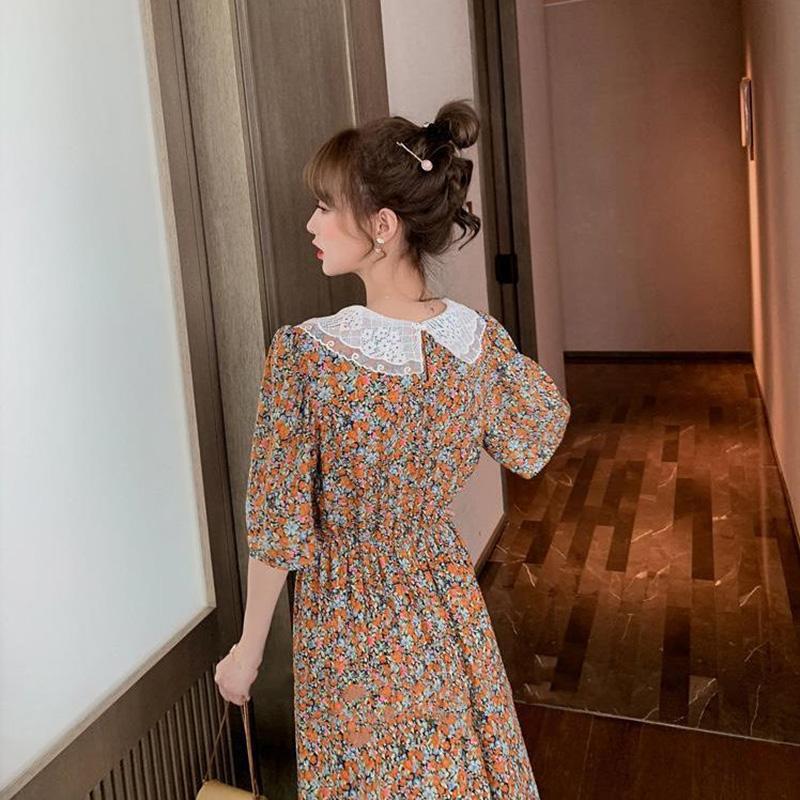 Ladies Chiffon Dress Summer Idyllic Floral Skirt Female Long Waist Waist Slimming Bottoming Dress Fabric Light and Breathable