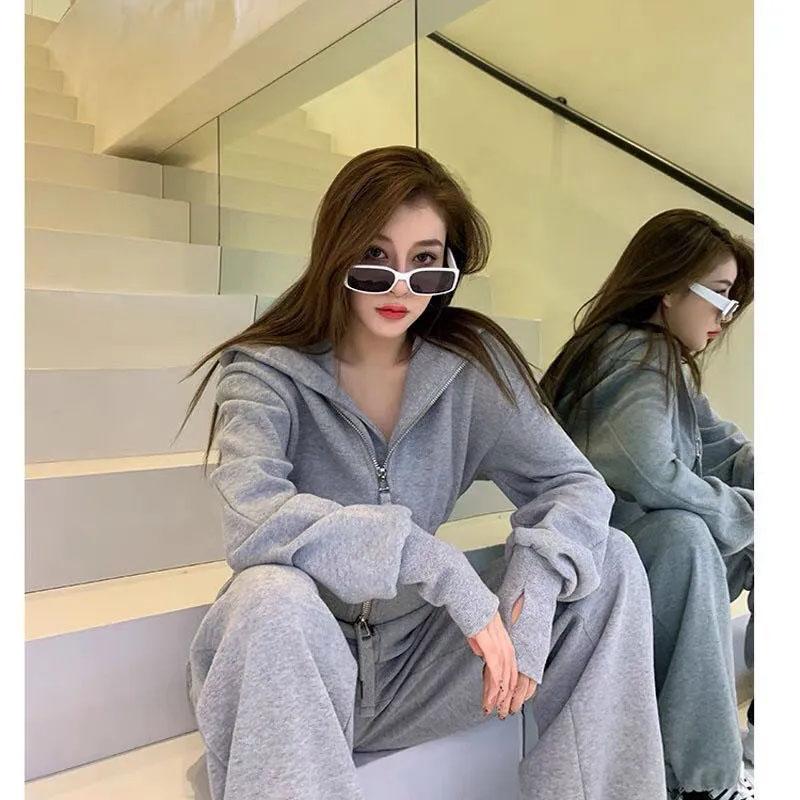 2PCS Women's Spring and Autumn Hooded Sweater Suit Ladies Waist Thin Cardigan + Legging Casual Sports Pants Two-piece Student Fitness Jogging Suit
