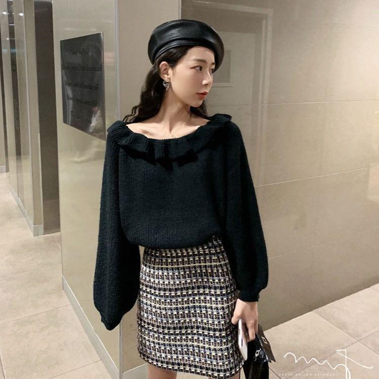 Women Strapless Sweater Ruffles Knitted Shirt Showing Your Sexy Clavicle Pullover Jumper