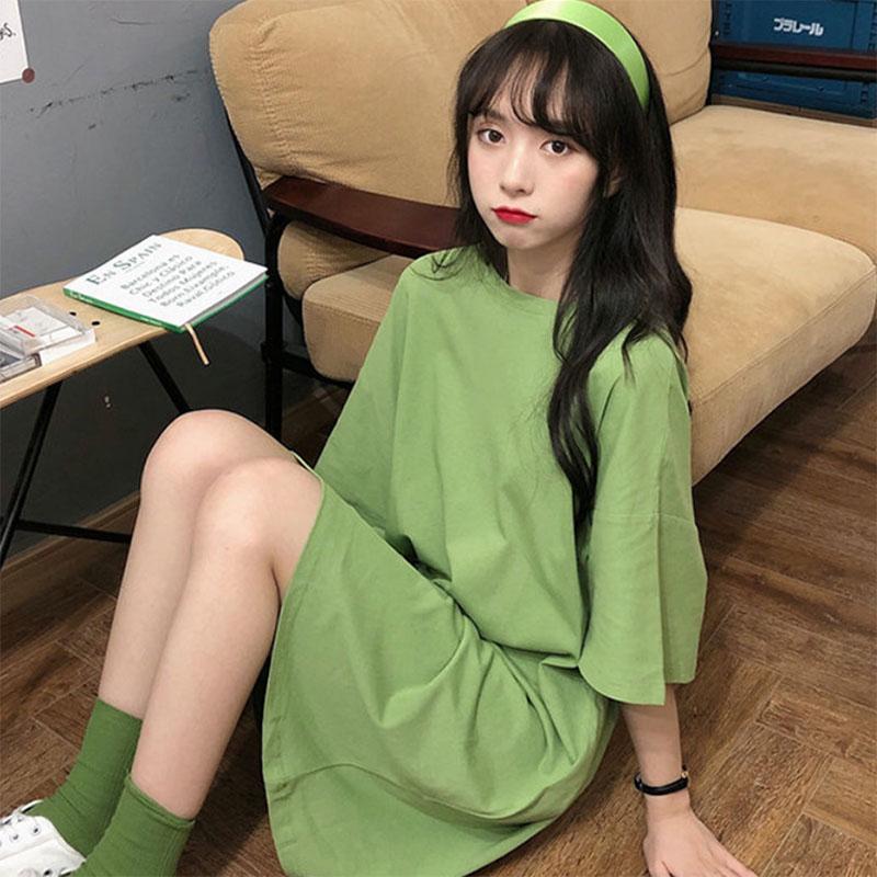 Nightdress Women's Mid-length Short-sleeved Solid Color Loose Casual Style Pajamas Are White and Can Be Worn Outside As Home Clothes