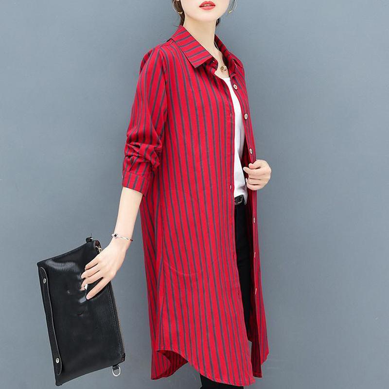 Women's Long-sleeved Striped Shirt Loose Casual Plus Size Mid-length Blouse