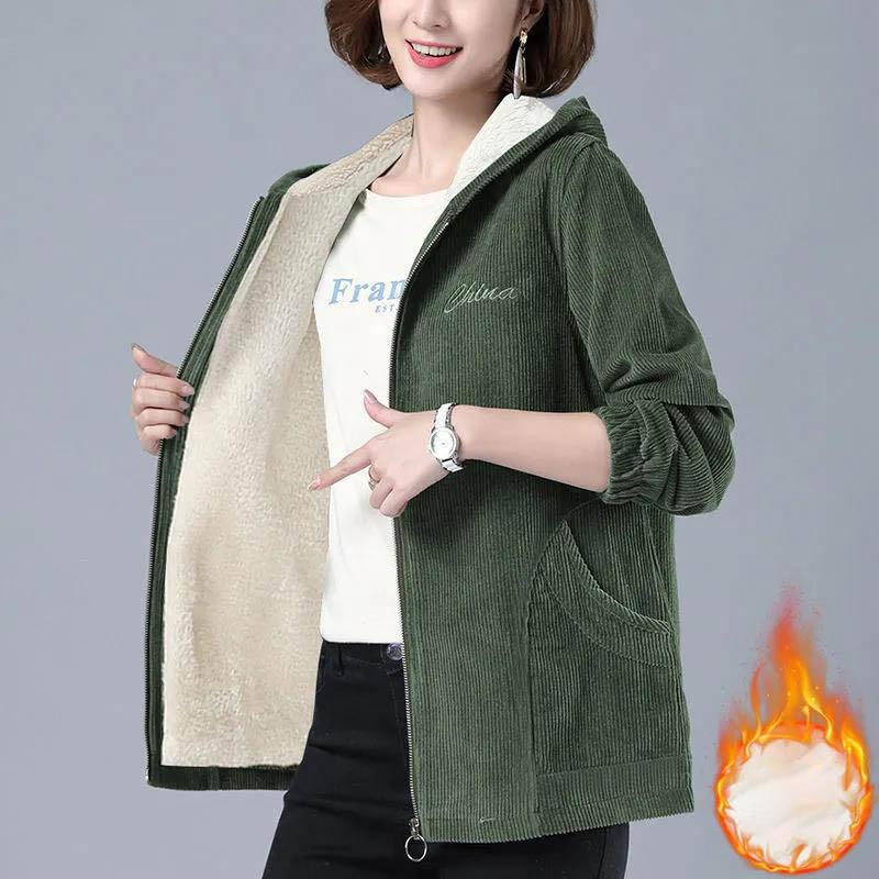 Corduroy Plus Velvet Padded Short Coat Women's Autumn and Winter Mothers Wear Loose Warm Lamb Wool Coat