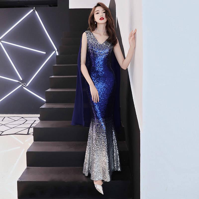 Shining Slim Long Sleeve Party Dinner Dress Women Split Sexy Clothes