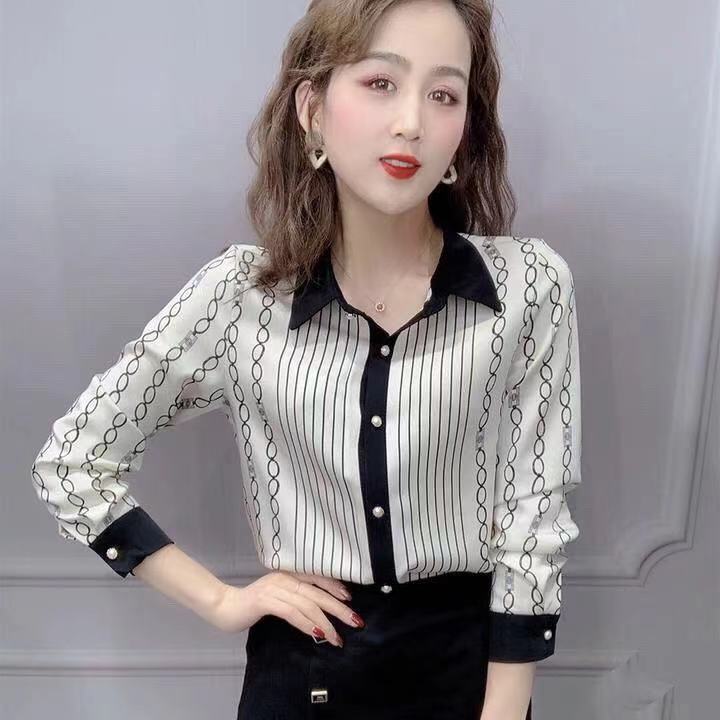 Chiffon Shirt Ladies Spring/Summer Long Sleeve Simple Striped Loose Top Printed Shirt