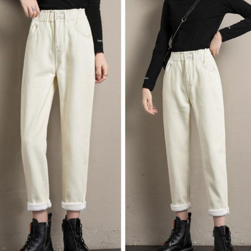 Plus Velvet Jeans Apricot Women's Trousers High Waist Winter Thin Straight Harem Pants Thickened Warmth Fashionable Loose Pants