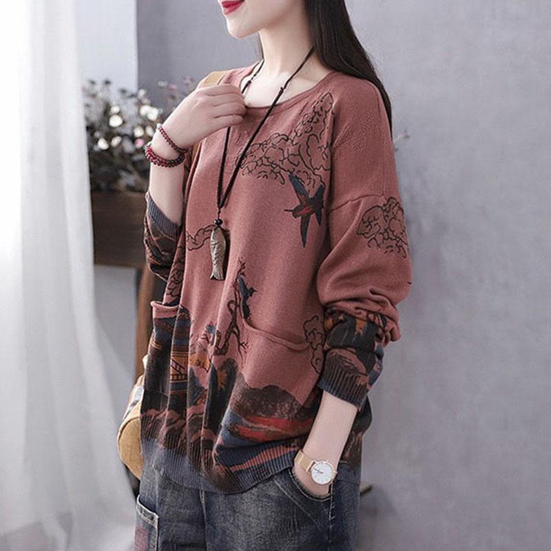 Vintage  Literary Print Long-sleeved Sweater Women Fall/winter Oversized Knit Sweater Outwear  Pullover Jumper Top with Pocket