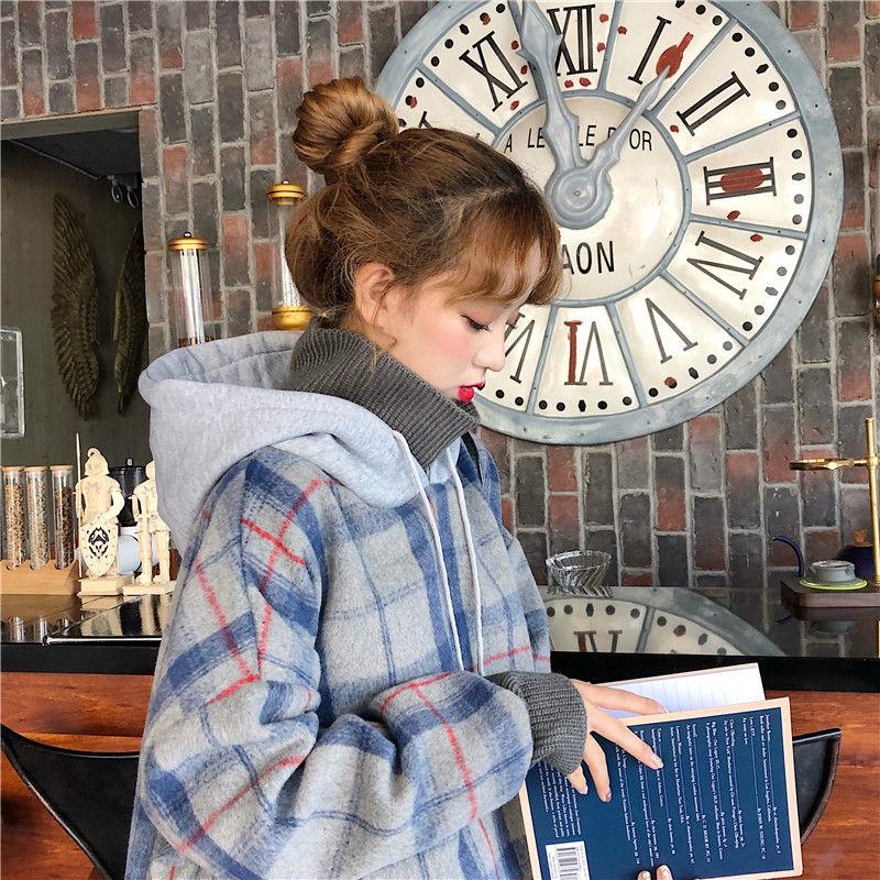 Autumn and Winter Plus Velvet Thick knitwear Plaid Loose Turtleneck Top Long Sleeve Base Sweater Women