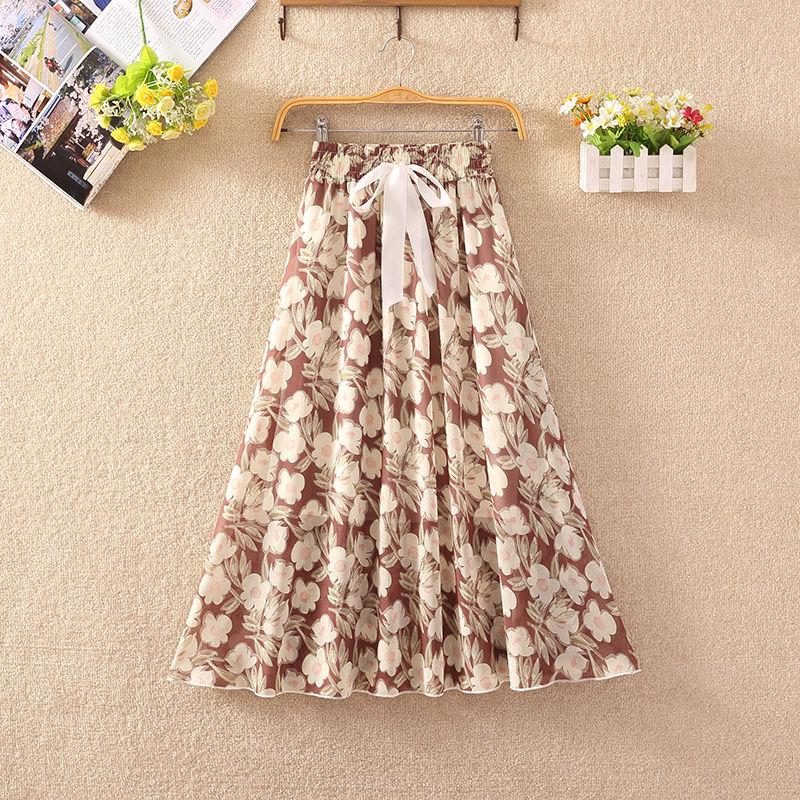 Summer High Waist Chiffon Women Midi Skirts Casual Floral Print Female Skirt Maxi Beach Skirt