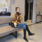 Women Knitted Sweaters Puff Printed Long Sleeve Loose Fit Pullover Leopard Winter Ladies Tops