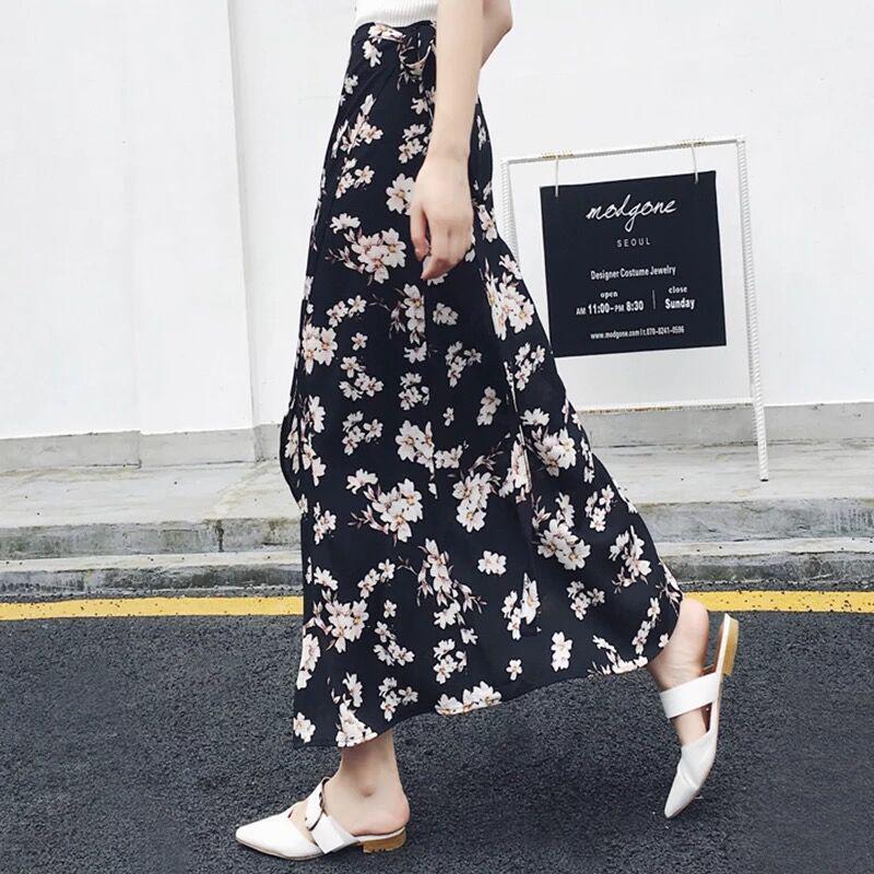 Vintage Floral Print Pockets All-match Women Long Half Length Skirt Autumn Loose Casual Female Skirt