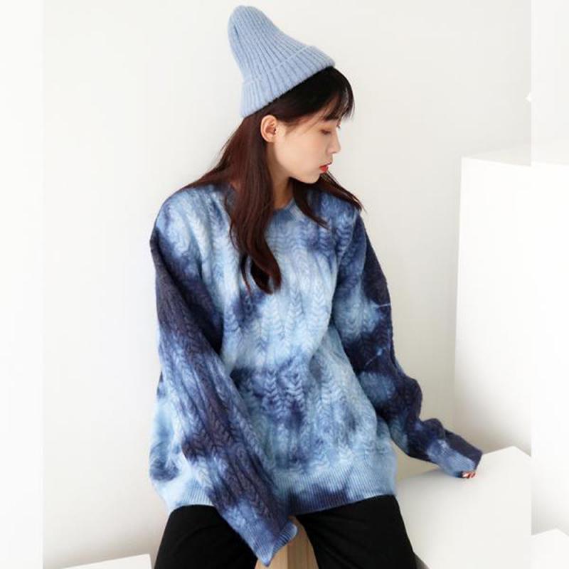 Tie-dye Sweater Women Autumn  Winter Wear Long-sleeved Loose Retro Twist Pullover Sweater Thick Top
