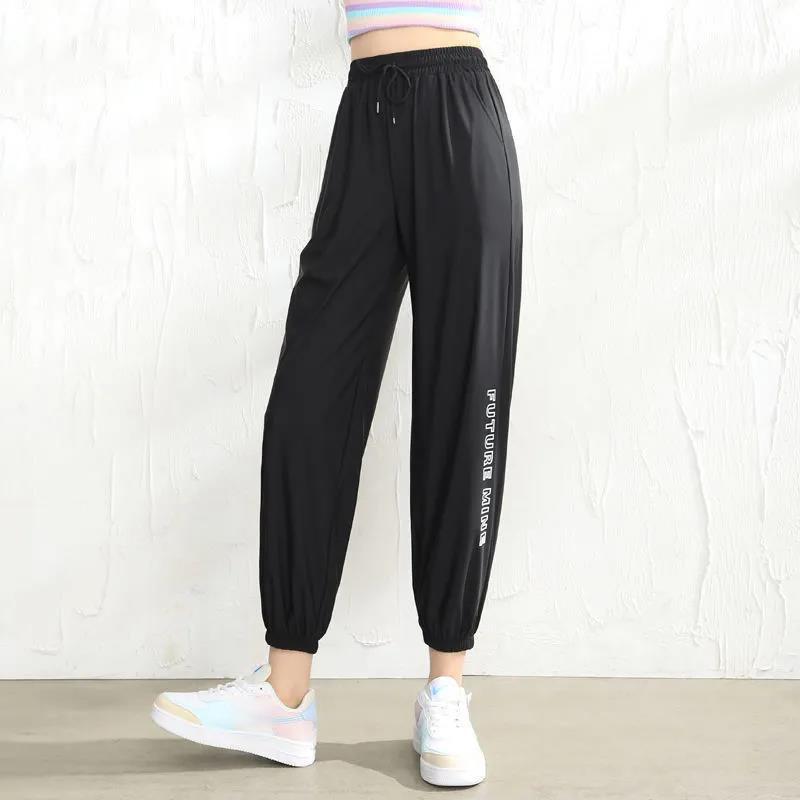 Summer Thin Letter Printing Ice Silk Casual Pants Women Loose and Thin Waist Nine-point Black Harlan Sweatpants