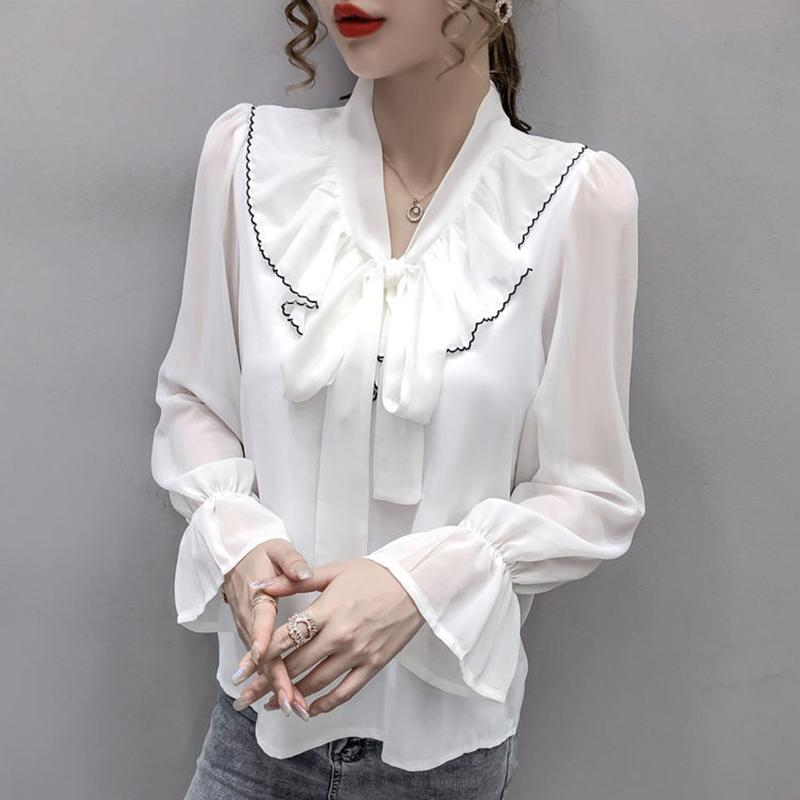 Spring and Summer Tied Wide Loose Long-sleeved Bow-knot Shirt Female Design Sense Niche Chiffon Shirt Top Trumpet Sleeve Bow Neckline Lady