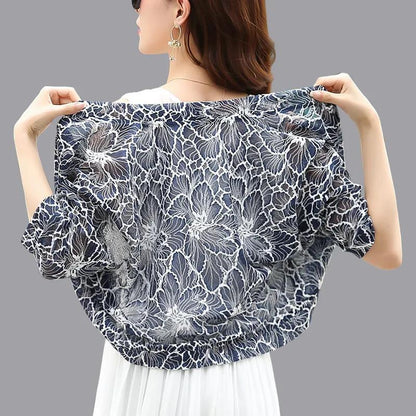 Summer Cardigan Flower Pattern Hollow Out Women Solid Color Thin Shawl Sun Protection