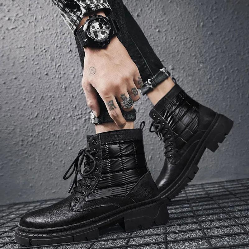 Men's Non-slip Autumn and Winter Martin Boots Net Red Ins Tooling Boots Korean Version of The British Style Black Boots Microfiber Leather Shoes