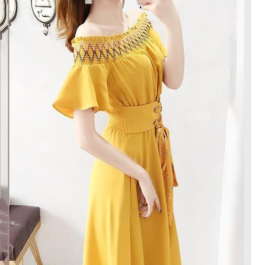 Skirt Women French Retro Strapless Waist Dress Waist Thin Women's Waist A-line Strapless Dress Short Sleeve One-shoulder Neckline