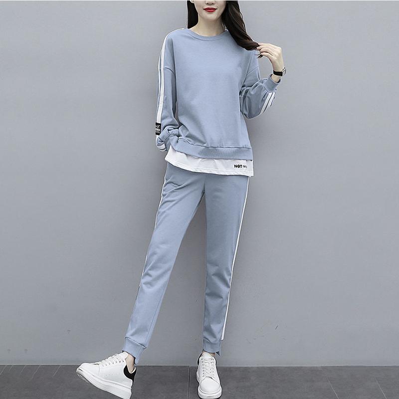 Large Size Thin Sports Suit Female Casual Two-piece Round Neck Long-sleeved Shirt + Casual Sports Pants Loose and Comfortable