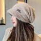 Women's Autumn Winter All-match Korean Version Warm Pile Hat Knitted Woolen Hat Solid Knitting Hat with Brim Rabbit Hair Blend Rhinestone Hat