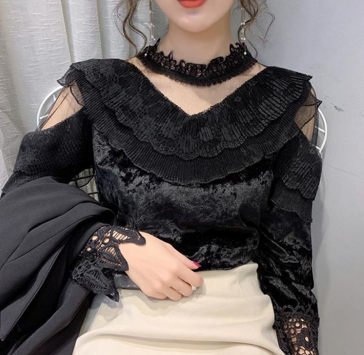 Half Turtleneck Gold Velvet Lace Bottoming Shirt Spring Fashion Halter Mesh Ladies Long Sleeve Top