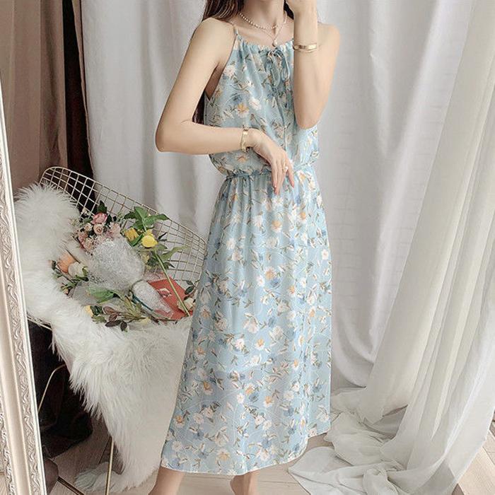 Women Sweet Floral Skirt Sling Dress Chiffon Beach Vacation Sleeveless Elastic Waist Long Skirt