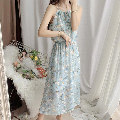Women Sweet Floral Skirt Sling Dress Chiffon Beach Vacation Sleeveless Elastic Waist Long Skirt