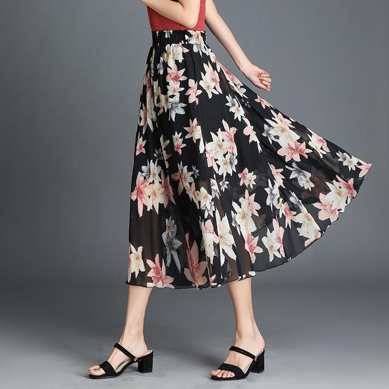 Women's High Waist  Pleated Floral Skirt Summer Mid-length A-line Draping Chiffon Fairy Dress Beach Vacation Daily