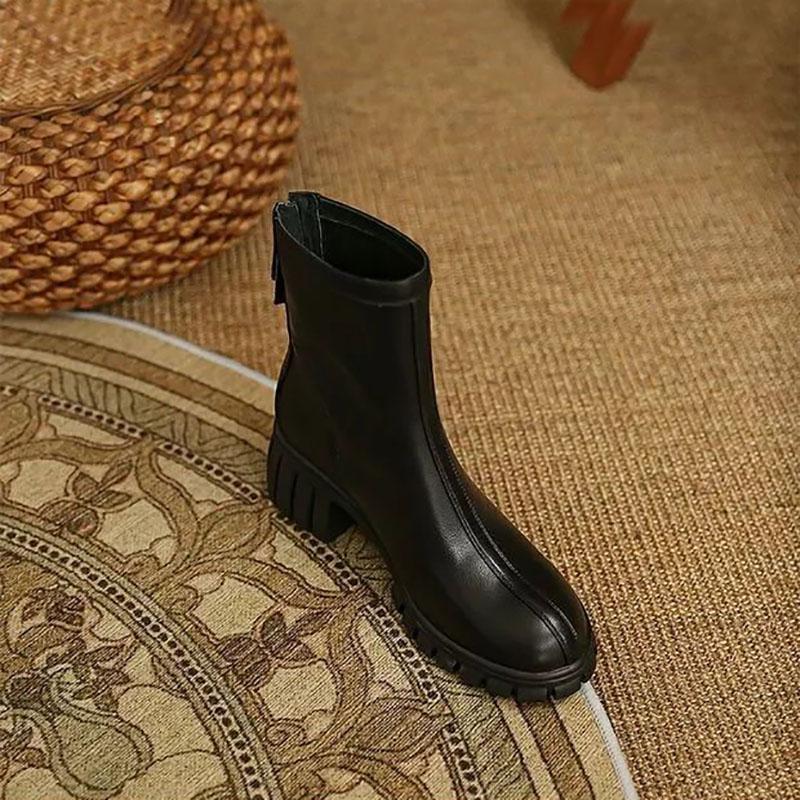 Martin Boots Woman Round Head Retro Boots Black Middle Boots Back Zipper Chelsea Boots Single Boots Spring and Autumn