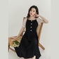 French Retro Style Sexy Black Woman Square Collar Puff Short Sleeves Wedding Part Mid-calf Dress