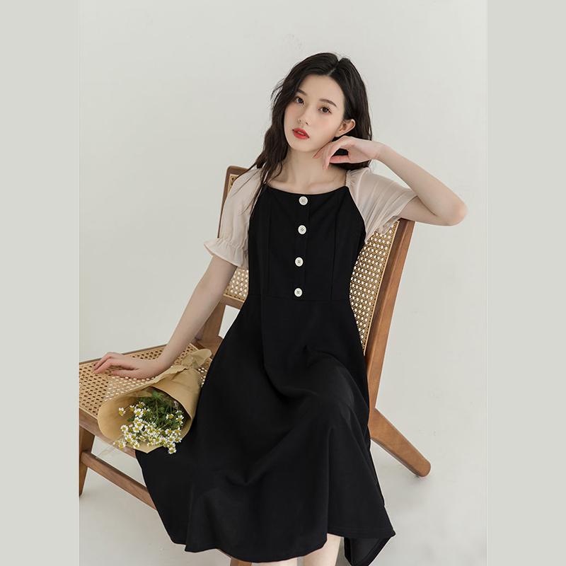 French Retro Style Sexy Black Woman Square Collar Puff Short Sleeves Wedding Part Mid-calf Dress