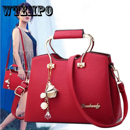 Leather Shoulder Bag Women Crossbody Tote Bag Metal Pendant Hanging Ornament Handbags