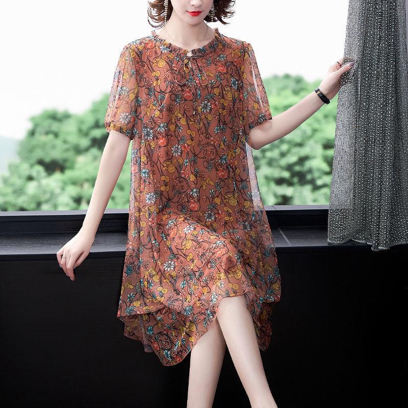 Chiffon Floral  Dress L-XXXXXL Women's Summer Veil Short Sleeve Round Neck Lightweight and Breathable