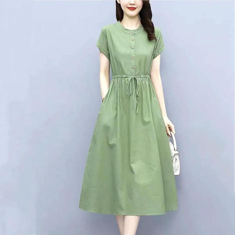 Women's Summer Dress Solid Color Round Neck Skirt Women's Large Size Mid Length A-Line Skirt