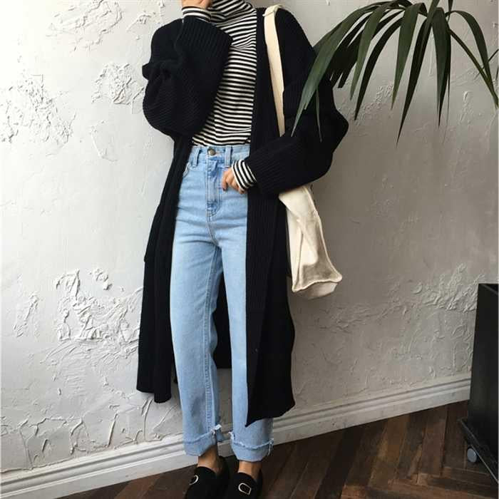 Long Cardigan Women Harajuku Loose Knit Sweater Casual Black Oversized Jacket Coat Outwear