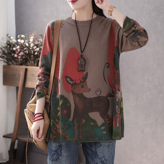 Women Vintage Deer Printed Pullover Sweater Plus Size Ladies Loose Oversized Knitted Sweater Bottoming or Outer Wear Autumn Winter