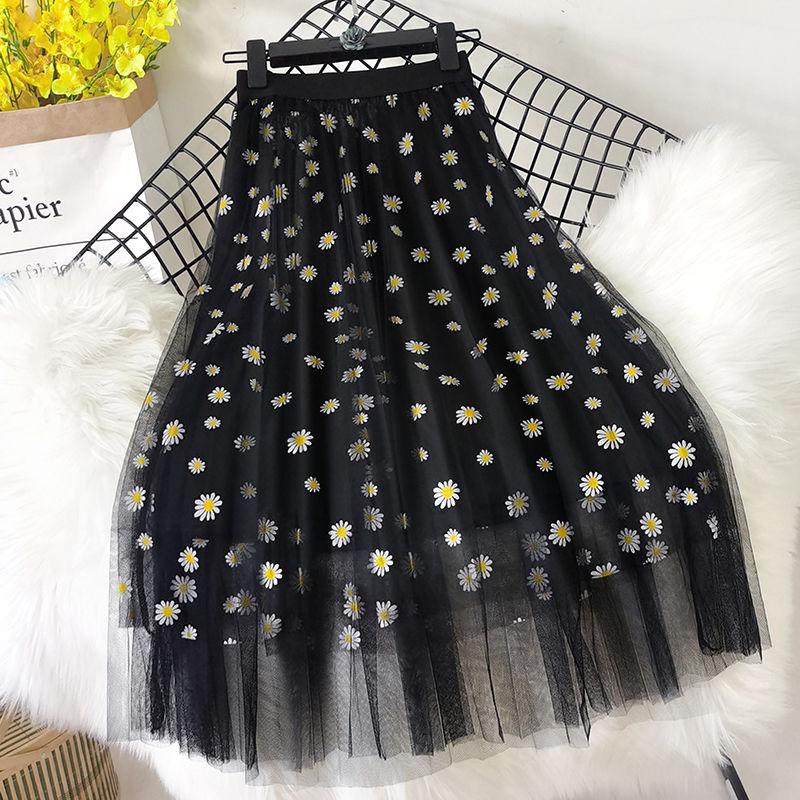 Mesh Skirt, Small Daisy Floral High Waist Thin A-line Skirt 3-layer Mid-length Pleated Skirt Large Skirt Ladies Mesh Skirt Print Decoration