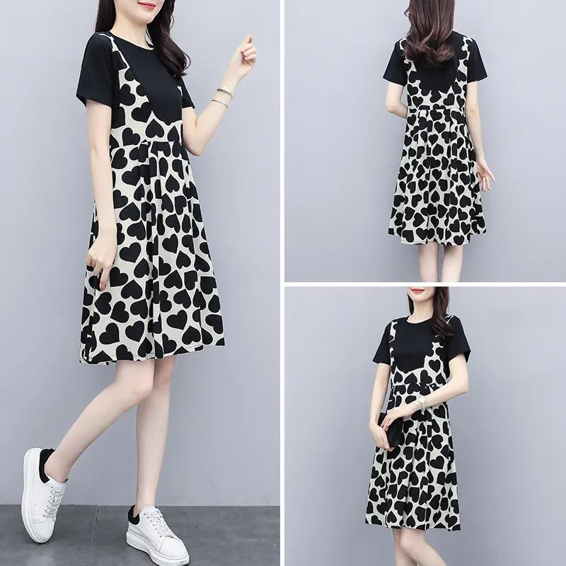 1 Pcs Stitching Short Sleeve Dress Plus Size Women's Clothing Spring Summer S-XXXL Loose Love Heart Shape Print