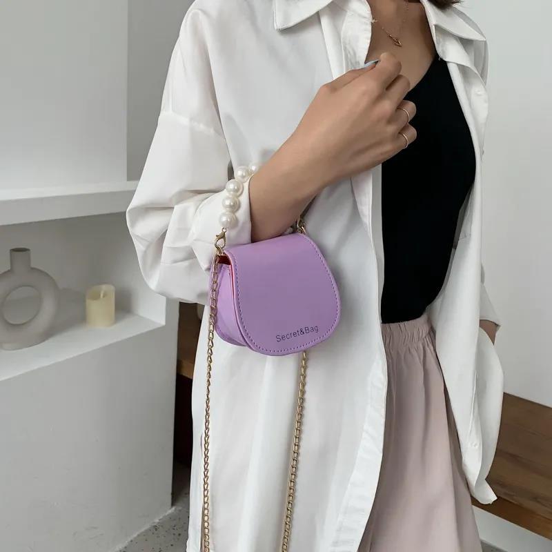 Women Mini Shoulder Messenger Bags Casual Female Crossbody Bags Portable PU Leather Big Pearl Metal Chain