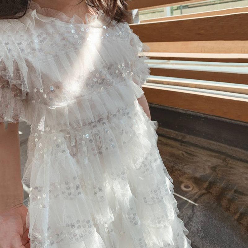 Girls White Fluffy Princess Dress Sequins Sweet Baby Summer Dress Mesh Short Sleeve Large Skirt Dress