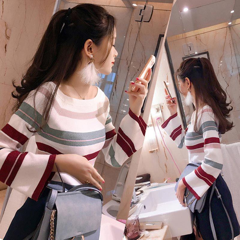 Knit Sweater Long Sleeve Shirt Female Striped Sweater Spring and Autumn One Shoulder Trumpet Sleeve