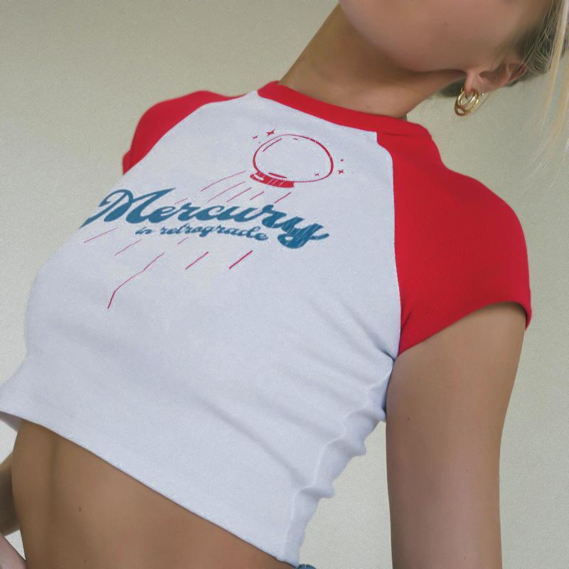 Summer Women's T-shirt Fresh and Sweet Round Neck Pullover Print Crop Top Mercury Raglan Graphic Y2K Tee