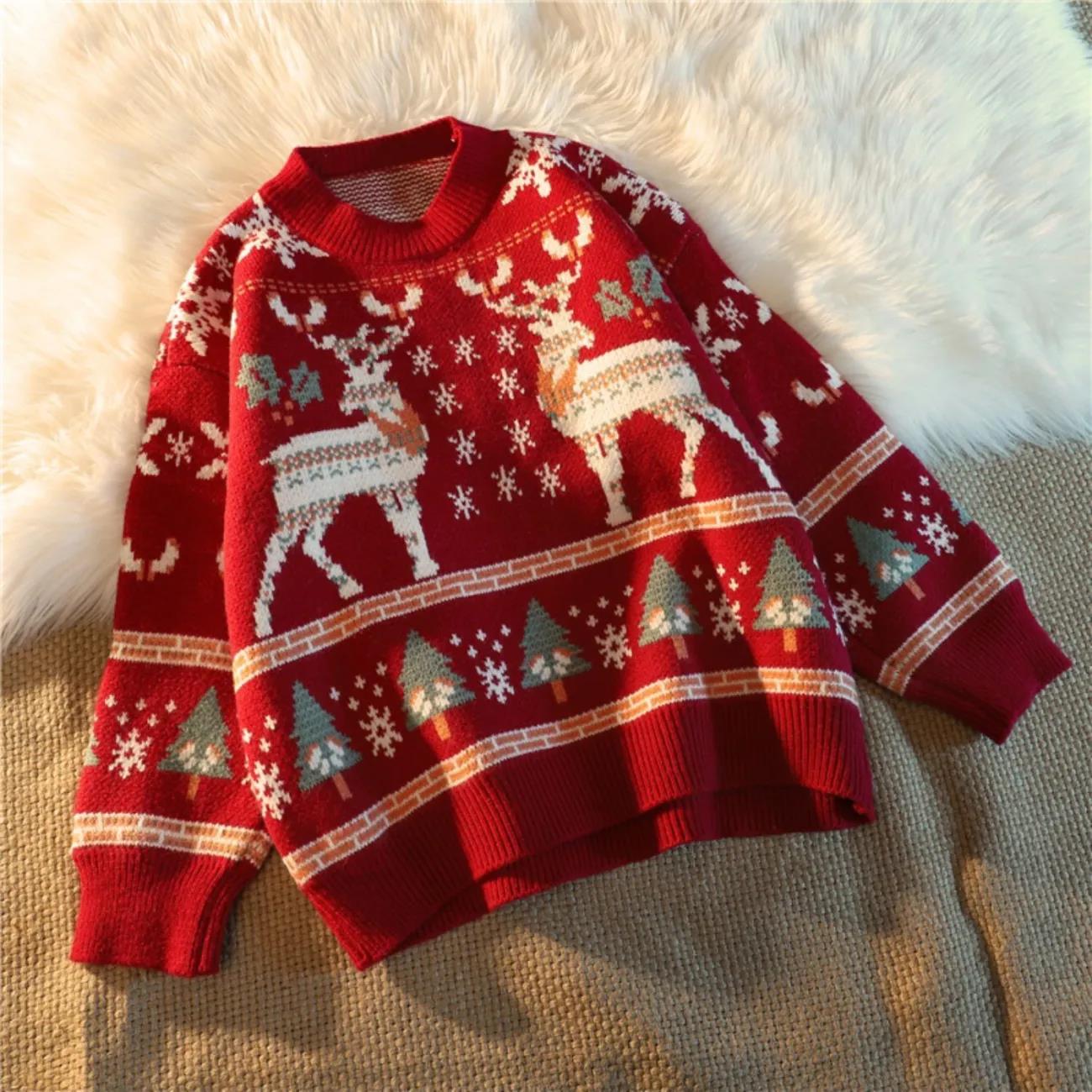 Women's Winter Christmas Red and Blue Snowflake Elk Sweater Large Size Loose Long Sleeve Autumn Knitted Pullover