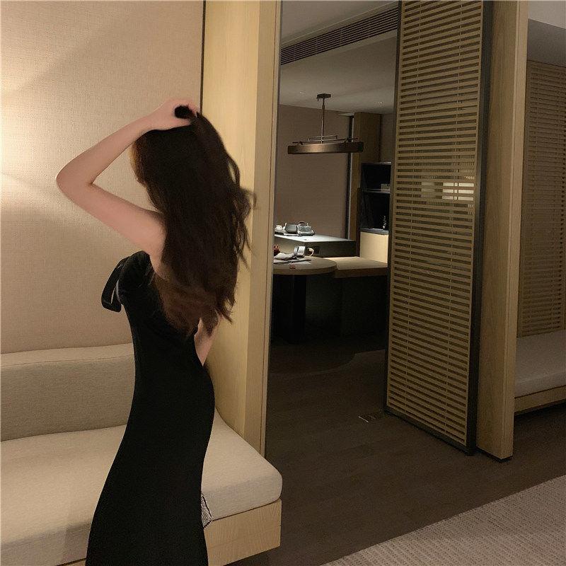Female High Cotton Dark Green Suspender Party Dress Slim Black Vintage Elegant Holiday Dress