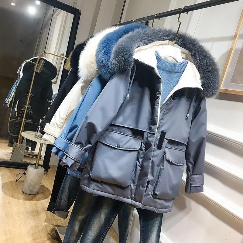 Fur Hooded Winter Down Coat Women  Thick Warm Parkas Female Outerwear Women's Mid-Length Down Padded Jacket  Large Fur Collar