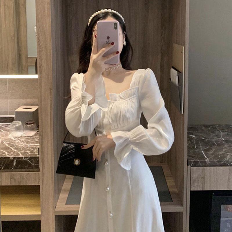 Hepburn Style Sweet and Salty Dress Mid-length Fairy Skirt Gentle White Long Skirt Ankle Fairy Tale