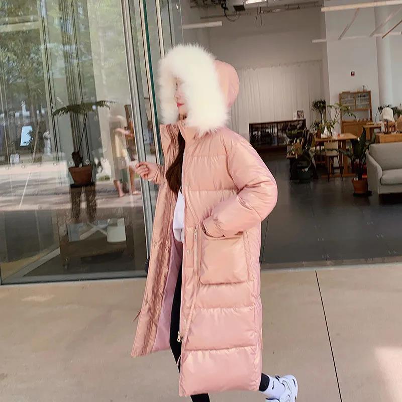 Disposable Bright Face Down Padded Jacket Women's Mid-length Over-the-knee Winter Loose and Thick Large Fur Collar Cotton-padded Jacket