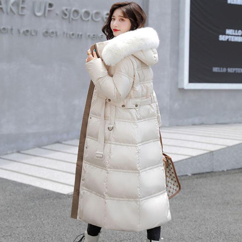 Long Down Jacket Fashion Fur Collar Waist Down Cotton-padded Jacket Over The Knee Thick Winter Padded Jacket Suitable for Women