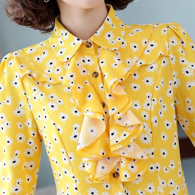 Women's Spring and Autumn Chiffon Shirt Loose Sweet Long Sleeve Printed Top