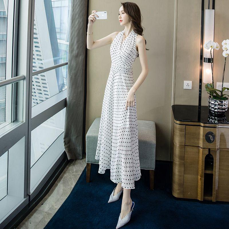 Sexy Polka Dot Dress Bohemian Sleeveless Maxi Dress Summer High Waist Bandage Halter Beach Sundress